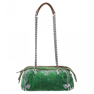 Pre Owned Bottega Veneta Green/Silver Braided Embellished Suede Chain Shoulder Bag 