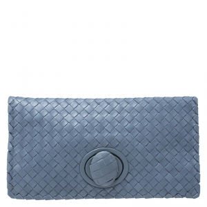 Pre Owned Bottega Veneta Light Blue Intrecciato Leather Twist Lock Clutch