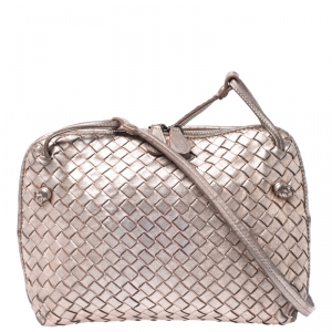 Pre Owned Bottega Veneta Metallic Rose Gold Intrecciato Leather Nodini Crossbody Bag