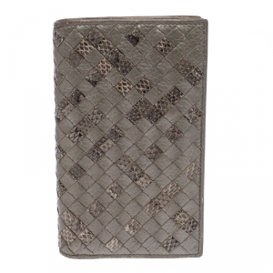 Pre Owned Bottega Veneta Grey Leather and Python Intrecciato Continental Wallet
