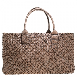 Pre Owned Bottega Veneta Beige Woven Leather and Croc Embossed Medium Limited Edition Cabat Tote
