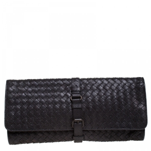 Pre Owned Bottega Veneta Black Shimmering Intrecciato Leather Clutch