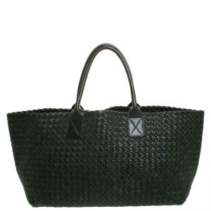 Pre Owned Bottega Veneta Olive Green Intrecciato Leather Medium Cabat Tote