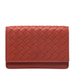 Pre Owned Bottega Veneta Orange Intrecciato Leather Business Card Case