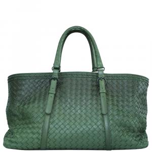 Pre Owned Bottega Veneta Dark Green Intrecciato Leather Tote Bag