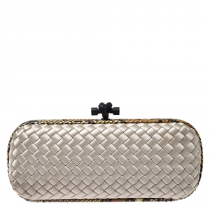 Pre Owned Bottega Veneta Cream Intrecciato Satin and Snakeskin Trim Knot Clutch