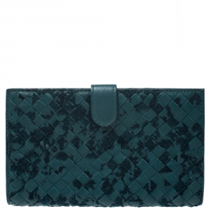 Pre Owned Bottega Veneta Petroleum Green Intrecciato Leather Continental Wallet 