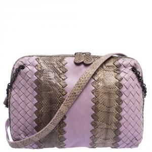 Pre Owned Bottega Veneta Lavender/Beige Intrecciato Leather and Snakeskin Ayers Crossbody Bag