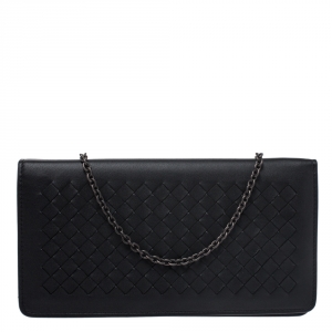 Pre Owned Bottega Veneta Black Intrecciato Leather Chain Clutch