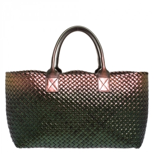 Pre Owned Bottega Veneta Holographic Intrecciato Leather Medium Cabat Tote