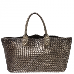 Pre Owned Bottega Veneta Gold Intrecciato Leather Medium Cabat Tote