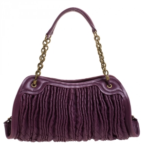 Pre Owned Bottega Veneta Purple Pleated Intrecciato Leather Satchel