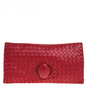 Pre Owned Bottega Veneta Red Intrecciato Leather Twist Lock Clutch
