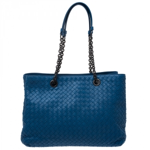 Pre Owned Bottega Veneta Blue Intrecciato Leather Double Chain Tote