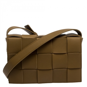 Pre Owned Bottega Veneta Olive Green Intrecciato Leather Cassette Crossbody Bag