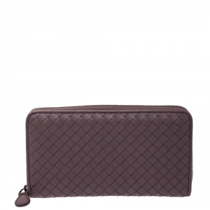 Pre Owned Bottega Veneta Purple Intrecciato Leather Zip Around Wallet