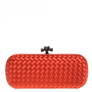 Pre Owned Bottega Veneta Orange Intrecciato Satin and Python Stretch Knot Clutch