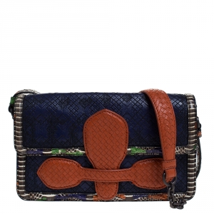 Pre Owned Bottega Veneta Multicolor Intrecciato Leather with Python Trim Shoulder Bag