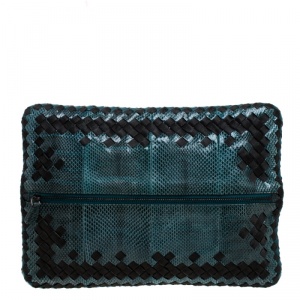 Pre Owned Bottega Veneta Blue/Black Snake Skin Intrecciato Trimmed Folded Clutch