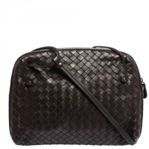 Pre Owned Bottega Veneta Dark Brown Intrecciato Leather Nodini Crossbody Bag
