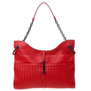 Pre Owned Bottega Veneta Scarlet Red Intreciatto Leather Chain Shoulder Bag