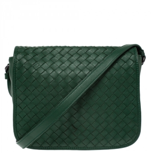 Pre Owned Bottega Veneta Green Intrecciato Leather Flap Crossbody Bag