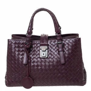 Pre Owned Bottega Veneta Burgundy Intrecciato Leather Small Roma Tote