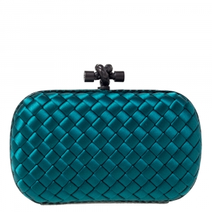 Pre Owned Bottega Veneta Emerald Green Satin and Snakeskin Trim Knot Clutch