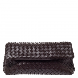 Pre Owned Bottega Veneta Dark Brown Intrecciato Woven Leather Flap Clutch