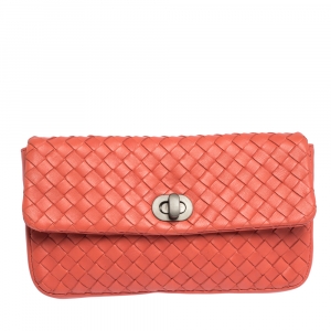 Pre Owned Bottega Veneta Orange Leather Turn-Lock Clutch