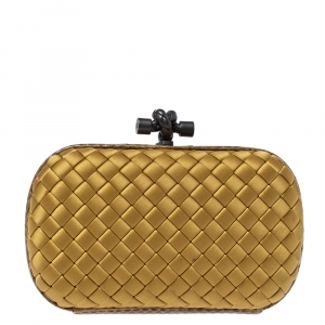 Pre Owned Bottega Veneta Light Mustard Satin and Python Trim Knot Clutch