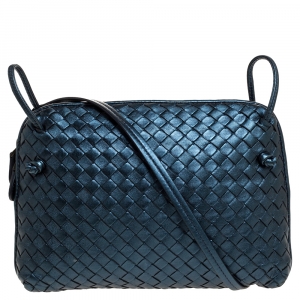 Pre Owned Bottega Veneta Metallic Blue Intrecciato Leather Nodini Crossbody Bag