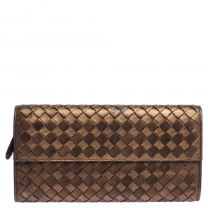 Pre Owned Bottega Veneta Bronze Intrecciato Leather Continental Flap Wallet