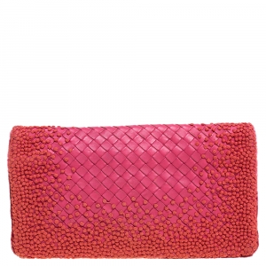 Pre Owned Bottega Veneta Pink Intrecciato Embroidered Leather Clutch