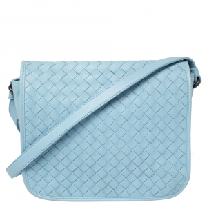 Pre Owned Bottega Veneta Baby Blue Intrecciato Leather Flap Crossbody Bag
