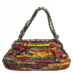 Pre Owned Bottega Veneta Multicolor Lizard Ruffles Limited Edition 135/200 Frame Bag