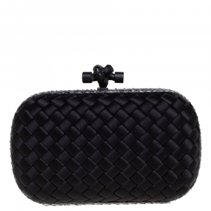 Pre Owned Bottega Veneta Black Satin and Snakeskin Trim Knot Clutch