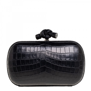 Pre Owned Bottega Veneta Black Croc Knot Clutch