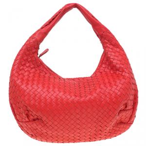 Pre Owned Bottega Veneta Red Intrecciato Woven Nappa Leather Belly Veneta Hobo