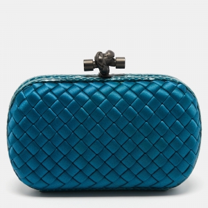 Pre Owned Bottega Veneta Blue Intrecciato Satin and Snakeskin Trim Knot Clutch