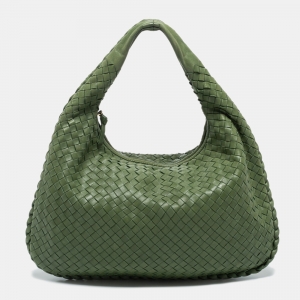 Pre Owned Bottega Veneta Green Intrecciato Leather Medium Veneta Hobo