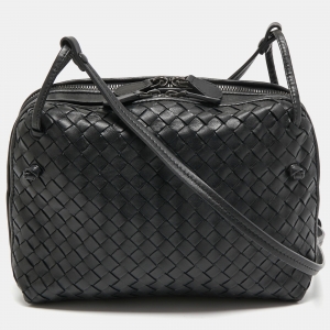 Pre Owned Bottega Veneta Black Intrecciato Leather Nodini Crossbody Bag