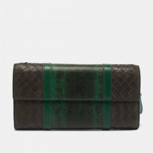 Pre Owned Bottega Veneta Green Intrecciato Karung Flap Continental Wallet