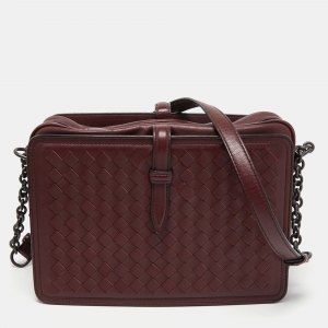 Pre Owned Bottega Veneta Burgundy Intrecciato Leather Camera Shoulder Bag