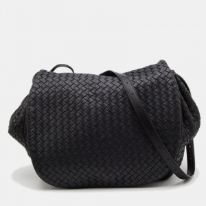 Pre Owned Bottega Veneta Black Intrecciato Leather Drawstring Flap Crossbody Bag