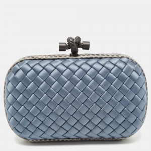 Pre Owned Bottega Veneta Blue Satin and Water Snake Trim Knot Clutch