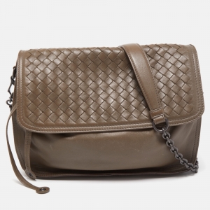 Pre Owned Bottega Veneta Dark Grey Intrecciato Leather Flap Shoulder Bag