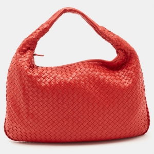 Pre Owned Bottega Veneta Crimson Red Intrecciato Leather Large Veneta Hobo
