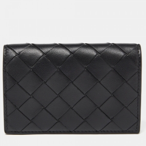 Pre Owned Bottega Veneta Black Intrecciato Leather Business Card Case