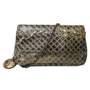 Pre Owned Bottega Veneta Black and Gold Intrecciomirage Leather Chain Shoulder Bag